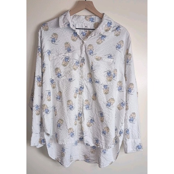 aerie Tops - Aerie Peanuts Sally Brown Lounge Button-Up Shirt White Seersucker Sz L Oversized